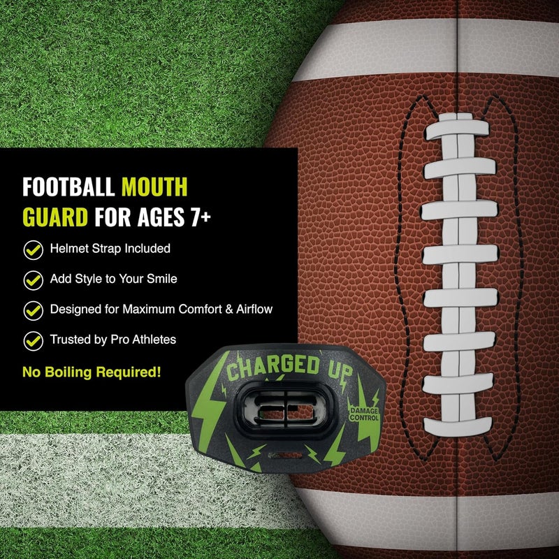 DAMAGE CONTROL Youth Football Mouth Guard – Breathable No Boil Mouthpiece, Protects Lips & Teeth, Works with Braces, Includes Helmet Strap – Sports Gear & Accessories (Charged Up) - Image 4